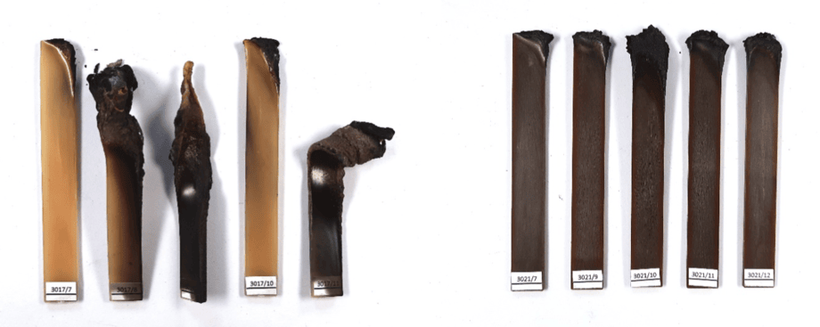 Radiation crosslinked, flame retardant PA 11 without (left) and with (right) wood particles after the UL 94 test. ©Fraunhofer WKI